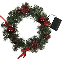 Венок еловый DECORAGE, диаметр 30 см, 10 LED ламп, на батарейках, зелёная хвоя, красные украшения 60
