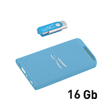 Набор зарядное "Theta" 4000 mAh + флеш-карта "Vostok" 16Гб  в футляре, голубой, покрытие soft touch Набор зарядное "Theta" 4000 mAh + флеш-карта "Vostok" 16Гб  в футляре, голубой, покрытие soft touch